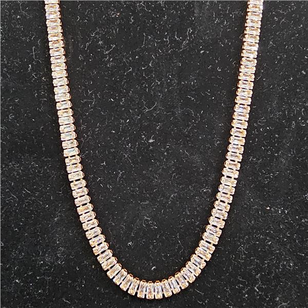 *NEW* 18K GOLD PLATED 5MM EMERALD CUT SIMULATED DIAMOND (CZ) TENNIS NECKLACE: 16.5" LONG