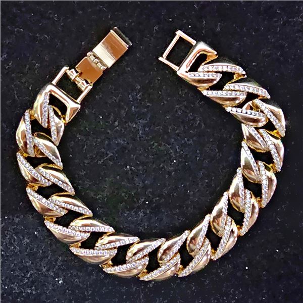 *NEW* 14KT GOLD PLATED 14MM SIMULATED DIAMOND (CZ) ICED OUT CUBAN LINK BRACELET: 8" LONG