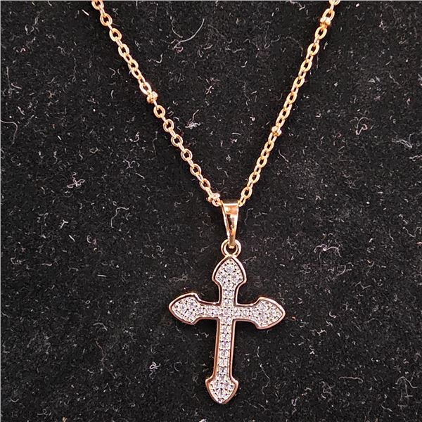 *NEW* 18K GOLD PLATED 32MM SIMULATED DIAMOND (CZ) CROSS NECKLACE: 18" LONG