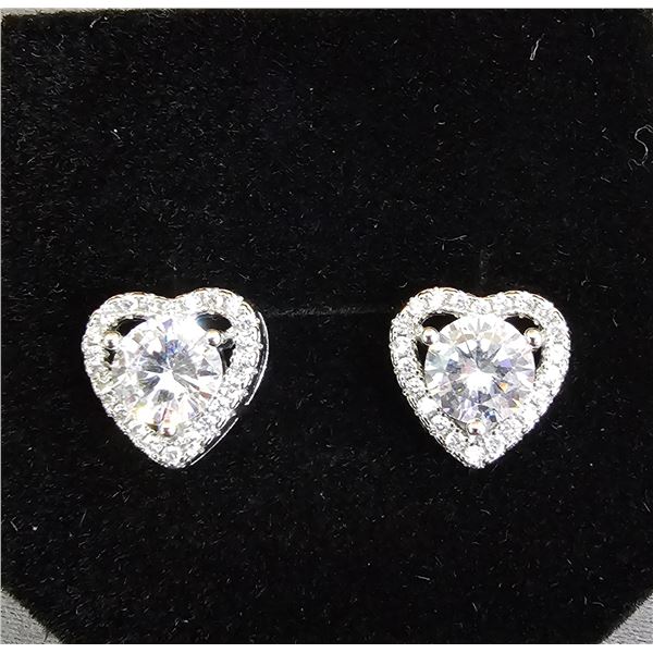 *NEW* .925 SILVER SIMULATED DIAMOND (CZ) HEART HALO STUD EARRINGS: 1 CT EACH EARRING