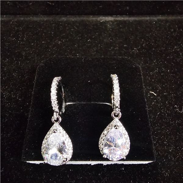 *NEW* .925 SILVER PEAR CUT SIMULATED DIAMOND (CZ) DANGLE HALO EARRINGS; 2 CT EACH EARRING
