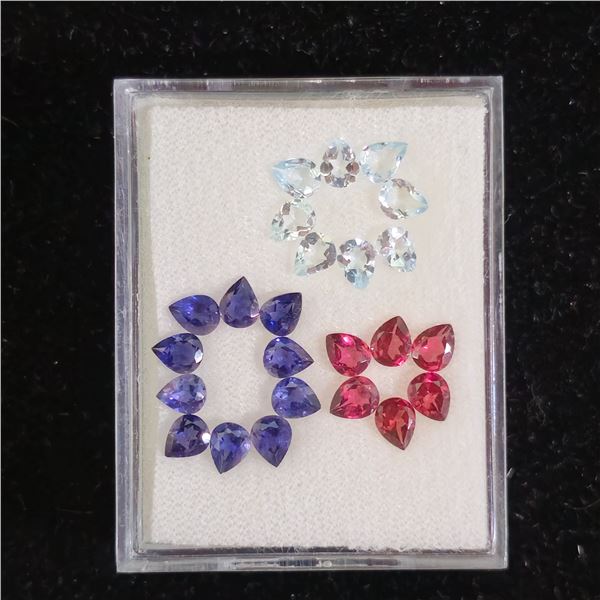 6.76 CTW PEAR CUT NATURAL IOLITE, AQUAMARINE & RHODOLITE GARNET GEMSTONES: 24 PCS, 5MM X 4MM