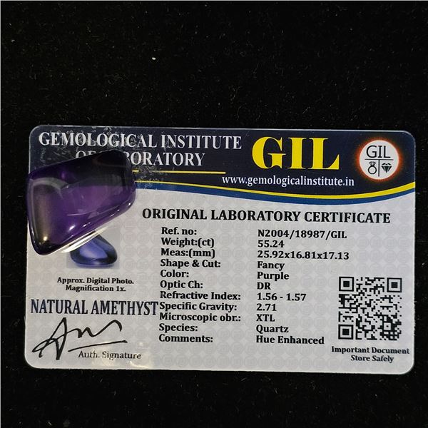55.24CT FANCY PURPLE AMETHYST WITH GIL CERTIFICATE: 25.92MM X 16.81MM X 17.13MM