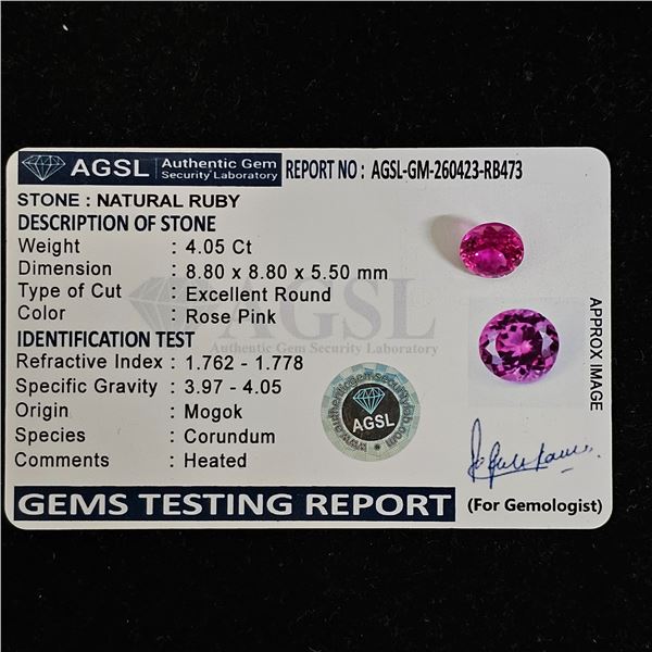 4.05CT ROUND CUT NATURAL HEATED ROSE PINK RUBY WITH AGSL REPORT: 8.80MM X 8.80MM X 5.50MM