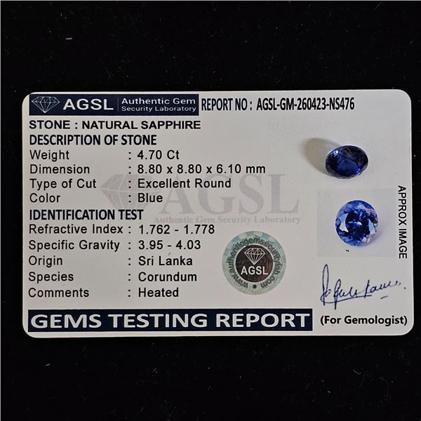 4.7CT ROUND CUT NATURAL HEATED BLUE SAPPHIRE WITH AGSL REPORT: 8.80MM X 8.80MM X 6.10MM