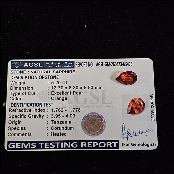 5.20CT PEAR CUT NATURAL HEATED ORANGE SAPPHIRE WITH AGSL REPORT: 12.7MM X 8.8MM X 5.5MM