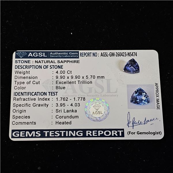 4CT TRILLION CUT NATURAL HEATED BLUE SAPPHIRE WITH AGSL REPORT: 9.9MM X 9.9MM X 5.7MM