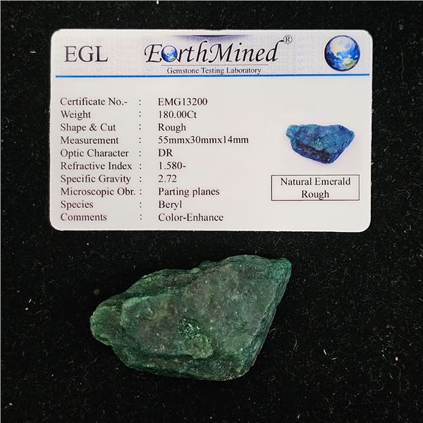 180CT NATURAL ROUGH COLOR-ENHANCED EMERALD WITH EGL CERTIFICATE: 55MM X 30MM X 14MM
