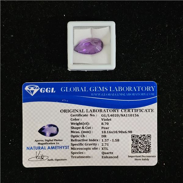 8,70CT PEAR CUT NATURAL ENHANCED VIOLET AMETHYST WITH GCL CERTIFICATE: 18.1MM X 10.9 X 6.9MM