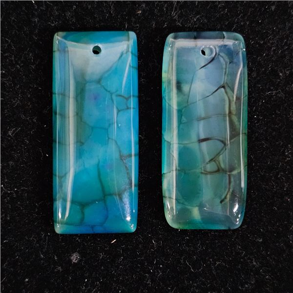 (2) BLUE & BLACK OBLONG DRAGON VEIN AGATE PENDANT BEADS: 35MM X 15MM X 6MM