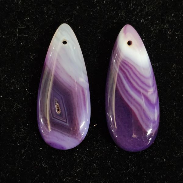 (2) PURPLE & WHITE ONYX TEARDROP PENDANT BEADS: 35MM X 15MM X 16MM
