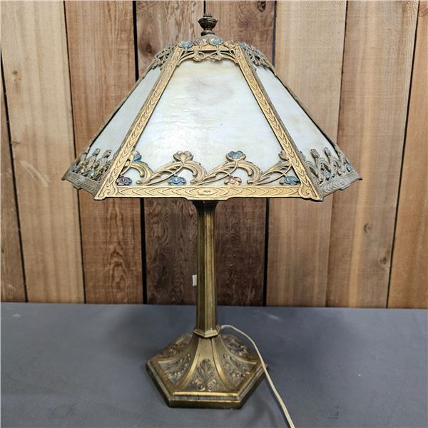 HEAVY 1920S SLAG GLASS 6-PANEL LAMP *WORKING/PUSH-THROUGH SWITCH IS CHIPPED ON ONE SIDE*