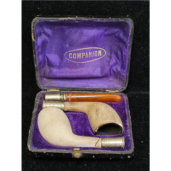 ANTIQUE COMPANION MEERSCHAUM PIPE SET W/2 BOWLS & 1 AMBER COLOURED STEM *1 BOWL IS BROKEN NEAR THE