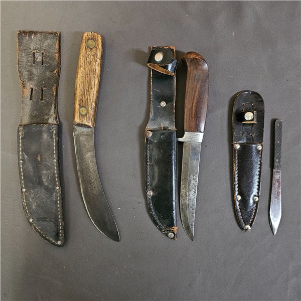 TRUFLITE THROWING KNIFE, OLD HICKORY SKINNING KNIFE & HUNTING KNIFE (ALL WITH SHEATHS)