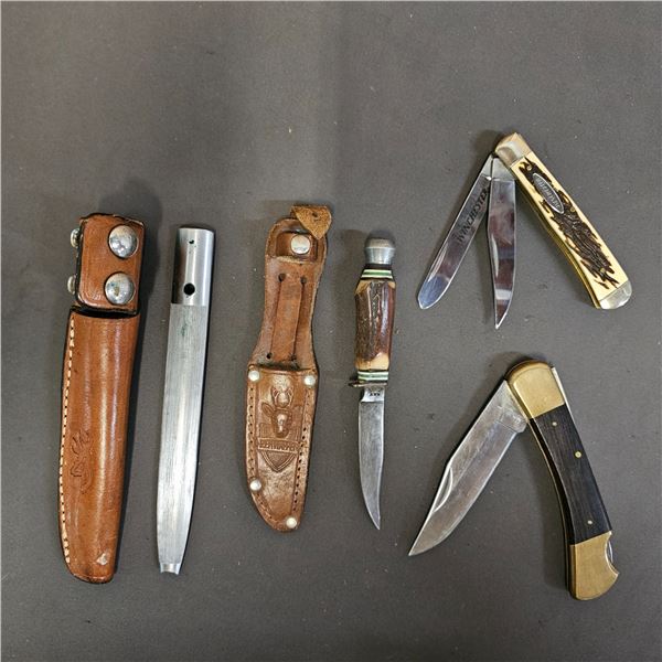 REHWAPPEN STAG HANDLE KNIFE, BROWNING STEEL SHARPENER & (2) FOLDING KNIVES