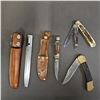 Image 1 : REHWAPPEN STAG HANDLE KNIFE, BROWNING STEEL SHARPENER & (2) FOLDING KNIVES