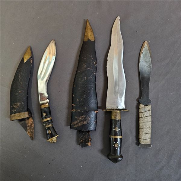 KUKRI KNIFE WITH LEATHER SHEATH, KRIS KNIFE WITH LEATHER SHEATH & THROWING KNIFE W/NO SHEATH