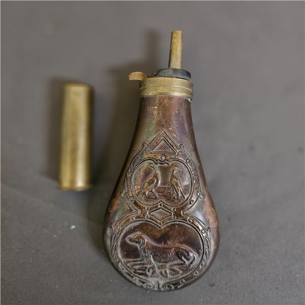 VINTAGE COPPER & BRASS BLACK POWDER FLASK & WINCHESTER ALL-BRASS SHOTSHELL CASING