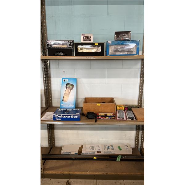(3) SHELVES OF ASSORTED MODEL TRAINS & ACCESSORIES: TRAINS, TRACK, NCE POWER CAB STARTER SET & MORE