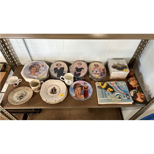 SHELF OF ASSORTED PRINCESS DIANA COLLECTOR PLATES, BOSSUN CHALKWARE FACES, KOI KEEPING BOOK & MORE