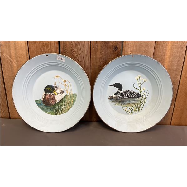 (2) PAINTED GOLD PANS: COMMON LOON & MALLARD DUCK