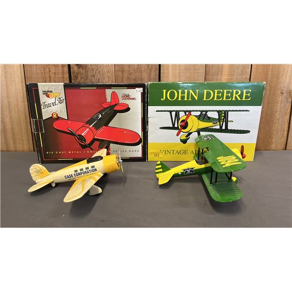 JOHN DEERE DIECAST METAL AIRPLANE COIN BANK & TRAVEL AIR MODEL R DIECAST AIRPLANE COIN BANK