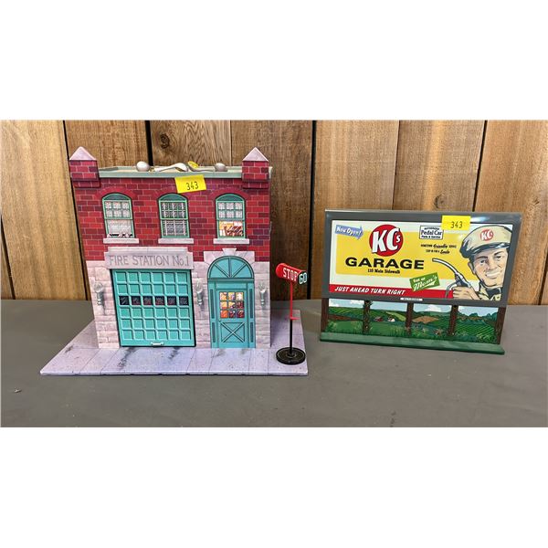 VINTAGE 1999 HALLMARK KIDDIE CAR CLASSICS DIECAST FIRE STATION #1 & KC'S GARAGE BILLBOARD