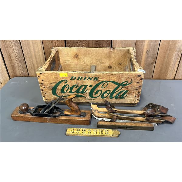 VINTAGE WOOD COCA-COLA CRATE & CONTENTS: VINTAGE ICE SKATES, VINTAGE PLANE & MORE