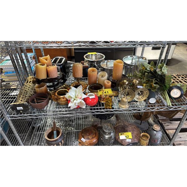 SHELF OF ASSORTED DECOR INCLUDING; CANDLES & HOLDERS, FAUX FLOWERS, INCENSE & MORE
