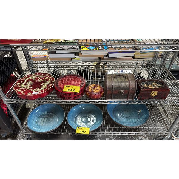 SHELF OF ASSORTED CHINESE MOTIF CONTAINERS & LID