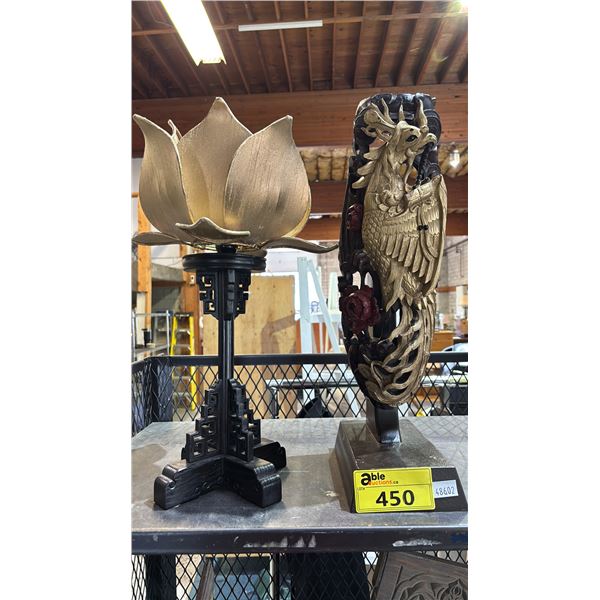 GOLDEN PHOENIX WOOD CARVING ON STAND & FLORAL CANDLE STAND
