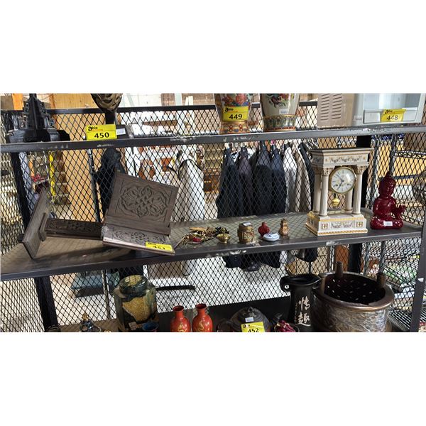 SHELF OF ASSORTED DECOR INCLUDING; DESK CLOCK, BOOK HOLDER STAND, JEWELRY & MORE