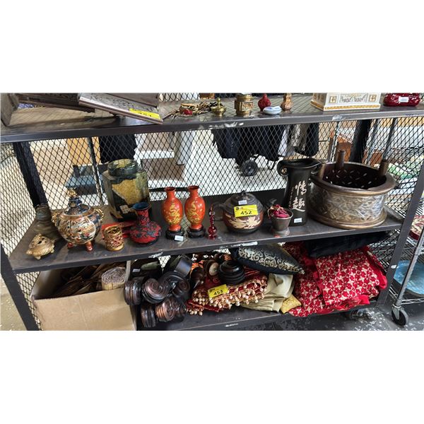 SHELF OF ASSORTED DECOR INCLUDING; CHINESE MOTIF TEAPOT, VASES, CONTAINERS & MORE