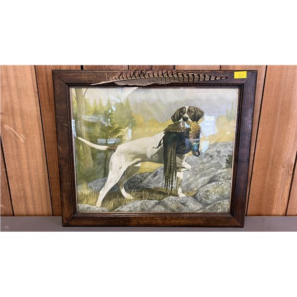 FRAMED VINTAGE ALEXANDER POPE "POINTER WITH PHEASANT" PRINT" PHEASANT FEATHER ON TOP SIDE OF FRAME