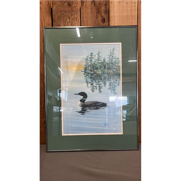 FRAMED 1985 R. SCOTT PRINT OF A SWIMMING COMMON LOON