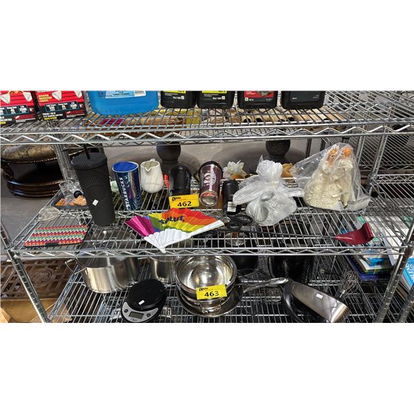 SHELF OF ASSORTED ITEMS INCLUDING; STARBUCKS CUPS. ABSOLUT VODKA PRIDE FAN, WHIP & MORE