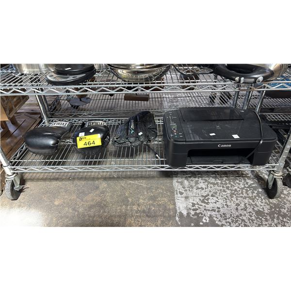 SHELF OF ASSORTED ITEMS INCLUDING CANON PIXMA TS3320 PRINTER, BOXING GLOVES & BASEBALL GLOVE