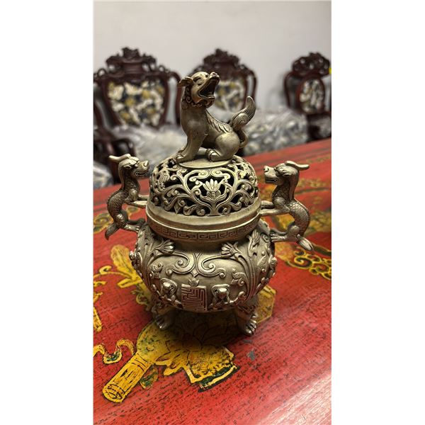 ANTIQUE WHITE COPPER CHINESE INCENSE BURNER 9"