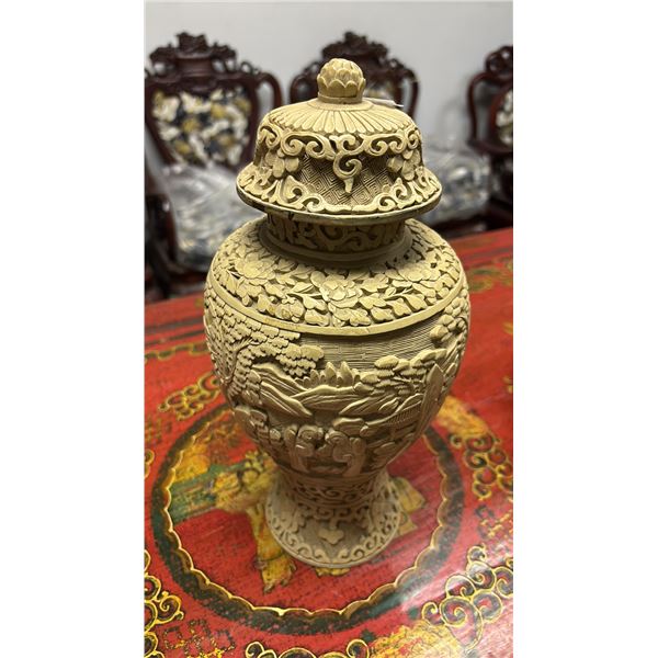 HEAVILY CARVED WHITE CINNABAR CHINESE RESIN VASE WITH LID 12"