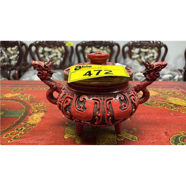 CHINESE DRAGON MOTIF CARVED EXTERIOR TRIPOD INCENSE BURNER WITH LID