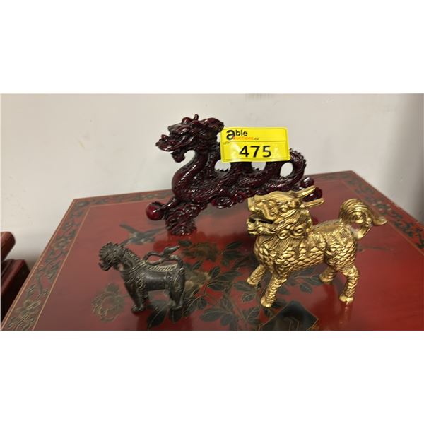REDWOOD CHINESE DRAGON FIGURINE, BRASS CHINESE DRAGON FIGURINE & BRASS CHINESE HORSE FIGURINE