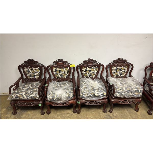 SET OF 4 CARVED CHINESE DRAGON MOTIF CLAW FOOT CHAIRS WITH CUSHIONS (2 CHAIRS DAMAGED)