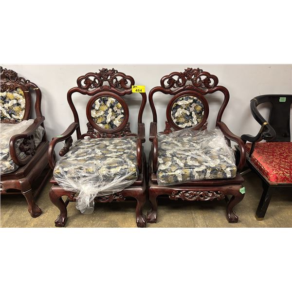SET OF 2 CARVED CHINESE DRAGON MOTIF CLAW FOOT CHAIRS WITH CUSHIONS