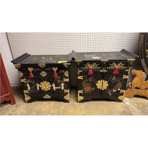 (2) CHINESE MOTIF PAINTED 2-DRAWER 2-DOOR CABINETS 29" X 16" X 24"