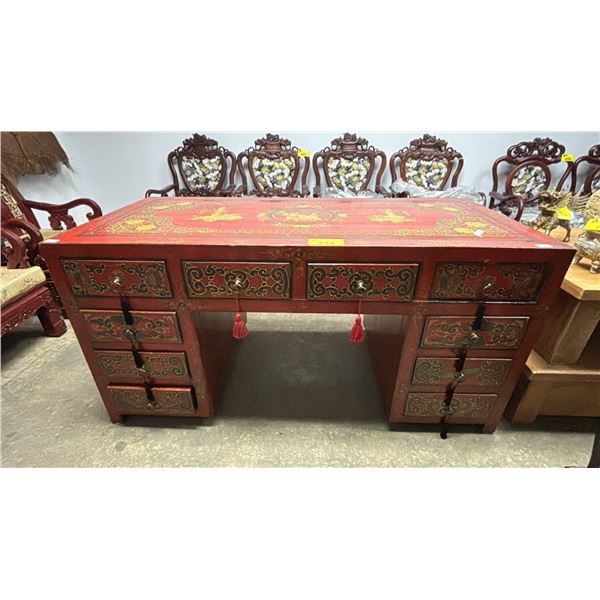 ANTIQUE PAINTED CHINESE MOTIF 13-DRAWER DESK WITH CARVED CHAIR