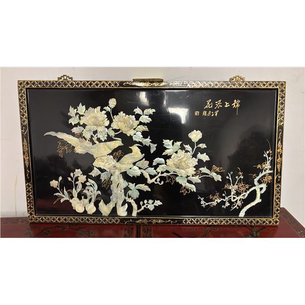 ANTIQUE CHINESE MOTHER OF PEARL INLAID FRAMED ARTWORK 36" X 20"