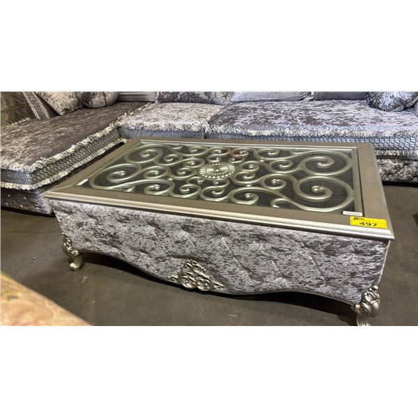TUFTED FABRIC WITH IN-LAID GLASS TOP COFFEE TABLE 55' X 32" X 18.5"