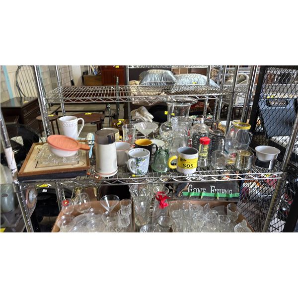 SHELF OF ASSORTED ITEMS INCLUDING; VASES, MUGS, FRAMED ARTWORK & MORE