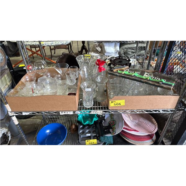 SHELF OF ASSORTED ITEMS INCLUDING; VASES, GLASSES, GONE FISHING SIGN & MORE