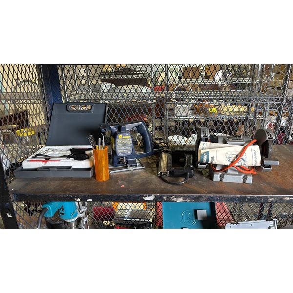 ASSORTED TOOLS INCLUDING; BENCH GRINDER, STAPLE GUN, ALL SAW & SOLDERING IRON